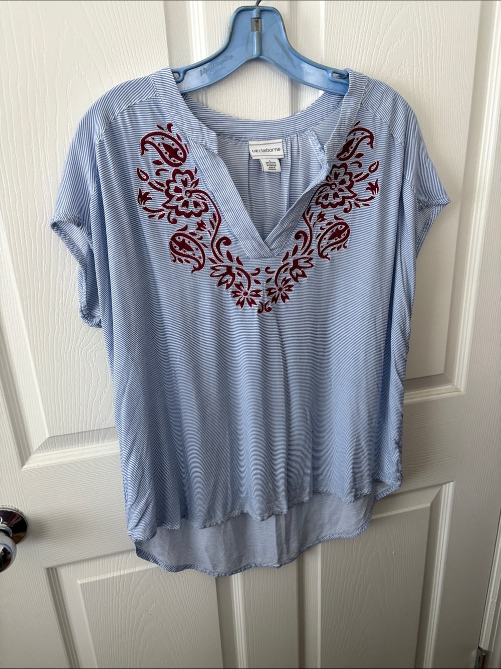 Liz Claiborne Light Blue V-Neck Top with Red Embroidered Yoke